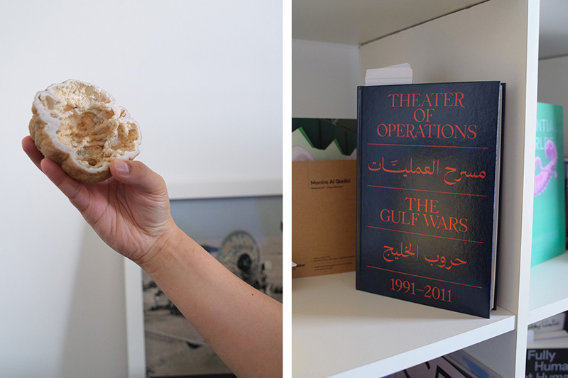 Two portrait photos together, one of a hand holding a portion of a meteorite, and another of a book on a shelf
