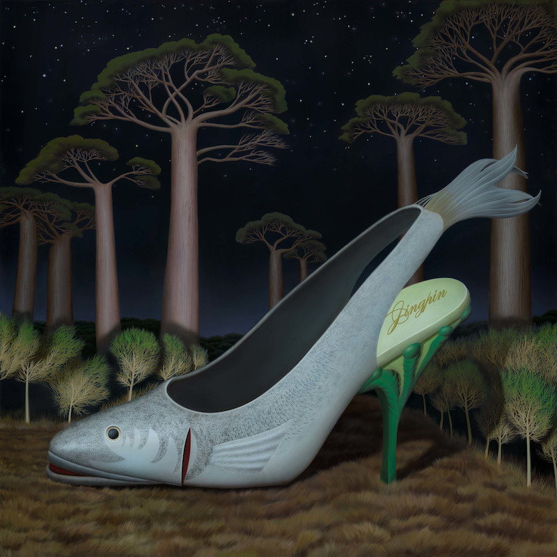 A painting of fish shoe with green heel and it is in a forest