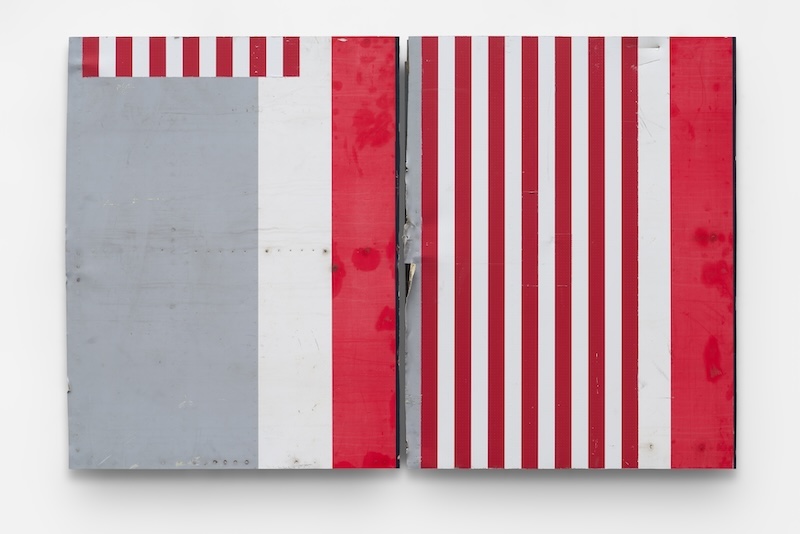 abstract diptych painting with red, grey and white colors